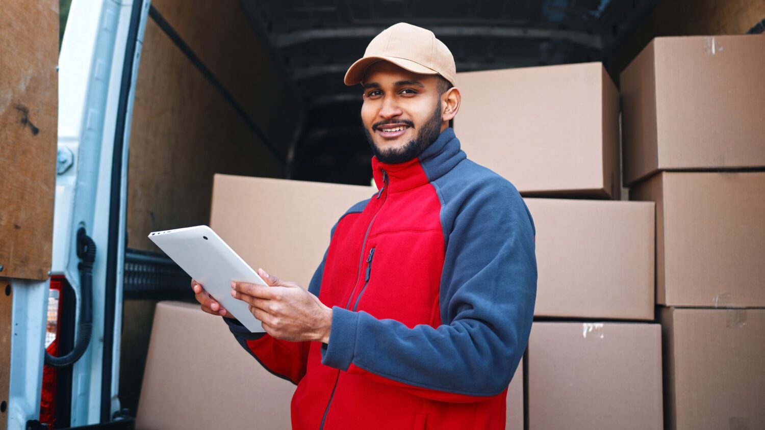 Courier with digital tablet delivering package. Mailman in front the van